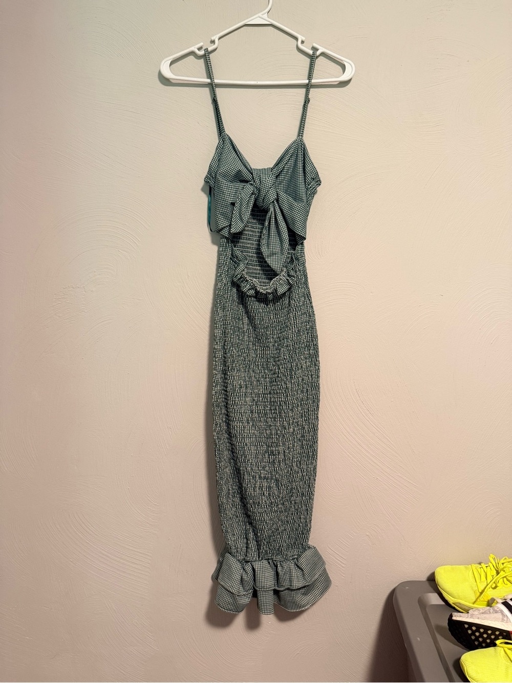 Mable Green Gingham Smocked Midi Dress with Tie Front
